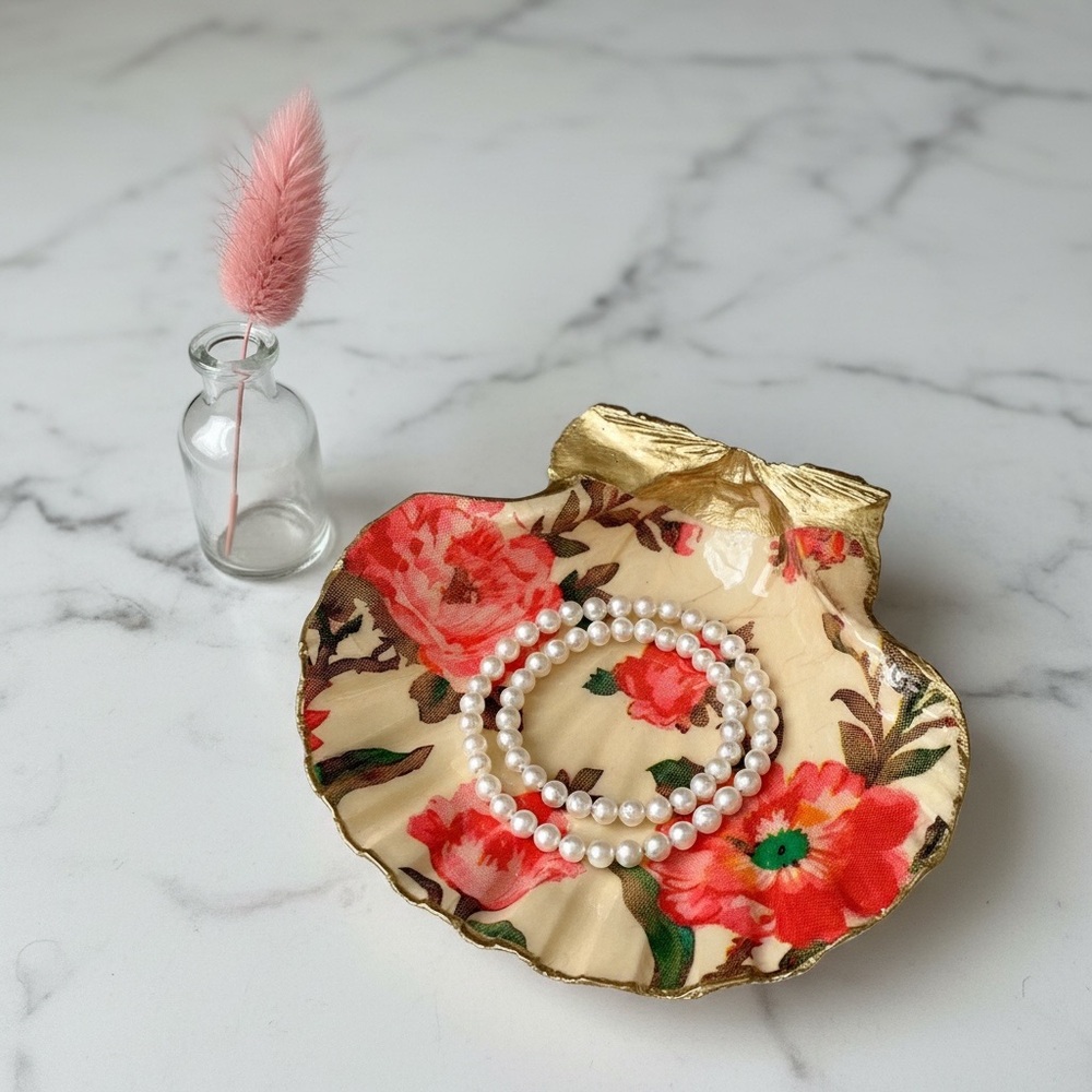 Vintage Pink Rose Floral Seashell Trinket Dish